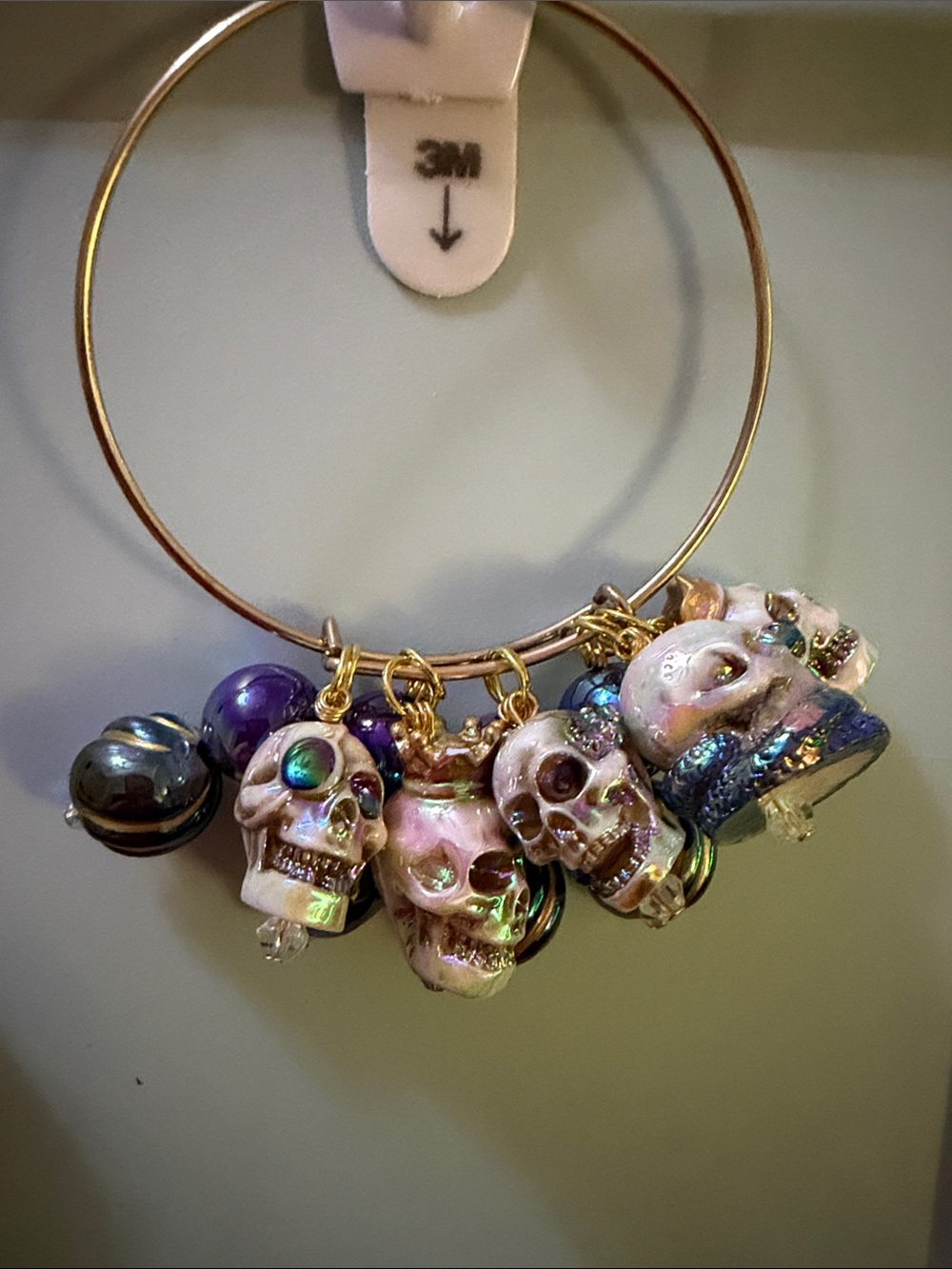 Gold Hoop Bracelet with Iridescent Skull Charms - Women Jewelry